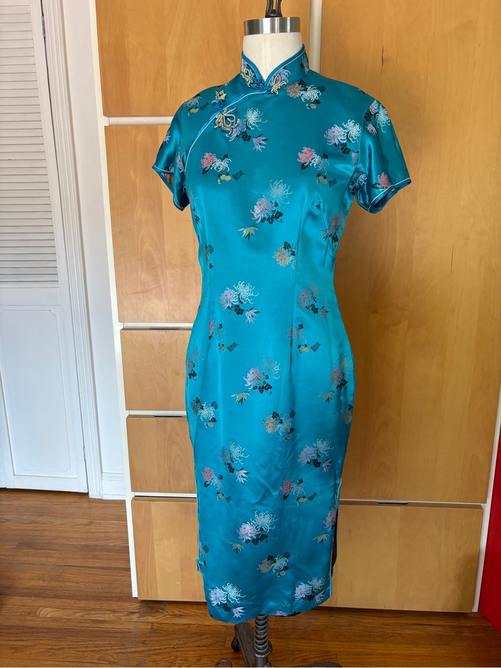 Turquoise Floral Satin Cheongsam Dress Vintage Sz 38